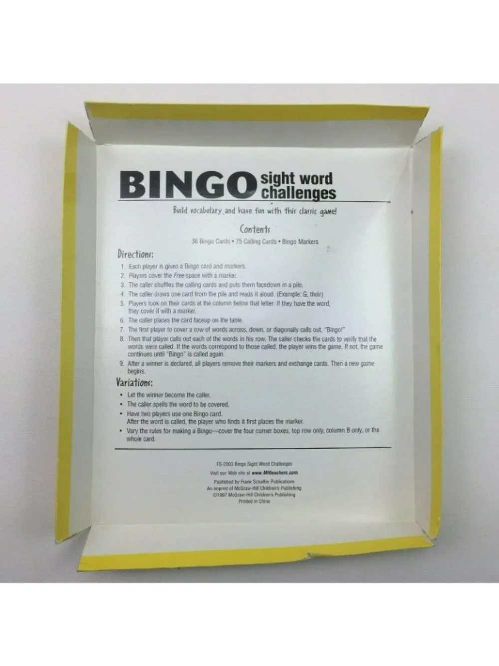 McGraw-Hill BINGO Card Game Sight Word Challenge Classroom Calling Cards Markers